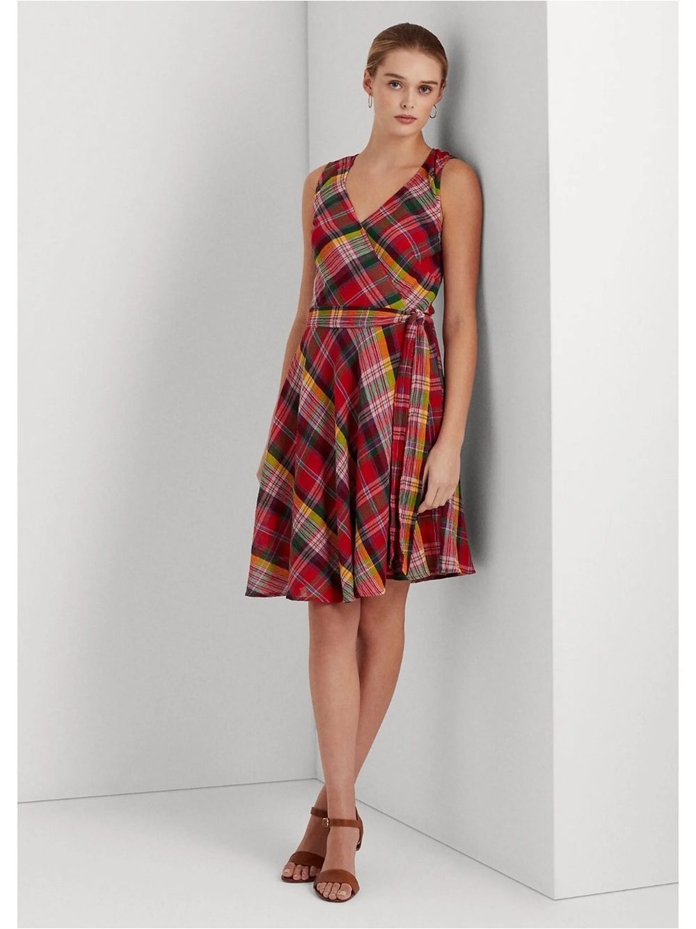 Lauren Ralph Lauren Dress Red Multi Plaid Cotton Gauze Crinkle Tie Waist 8